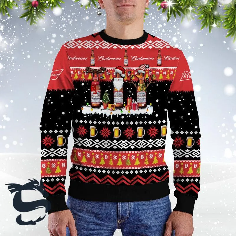 Budweiser Santa Reindeer Snowflake Ugly Christmas Sweater