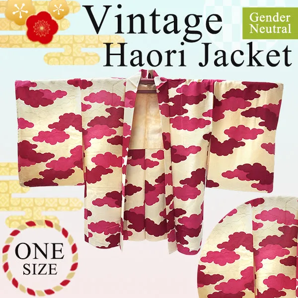 Gender-Neutral Vintage Haori Jacket ,Pink cloud-tree pattern on cream ground.