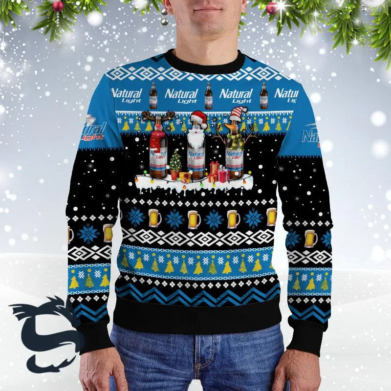 Natural Light Santa Reindeer Snowflake Ugly Christmas Sweater