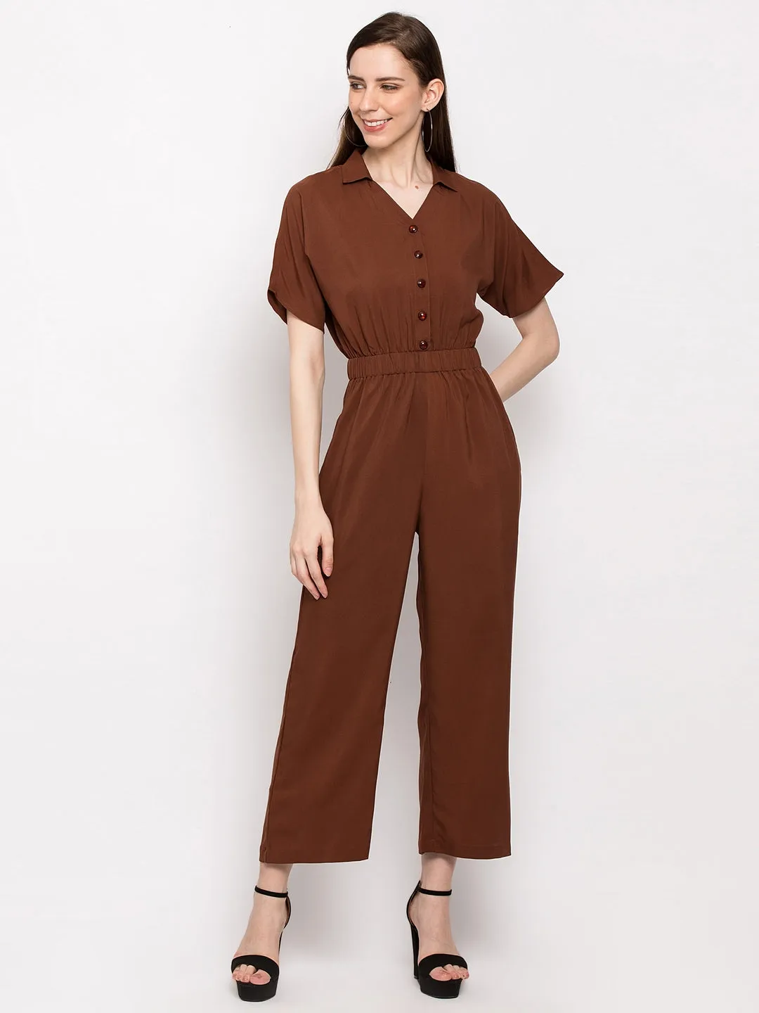 Women Brown Solid Basic Jumpsuit