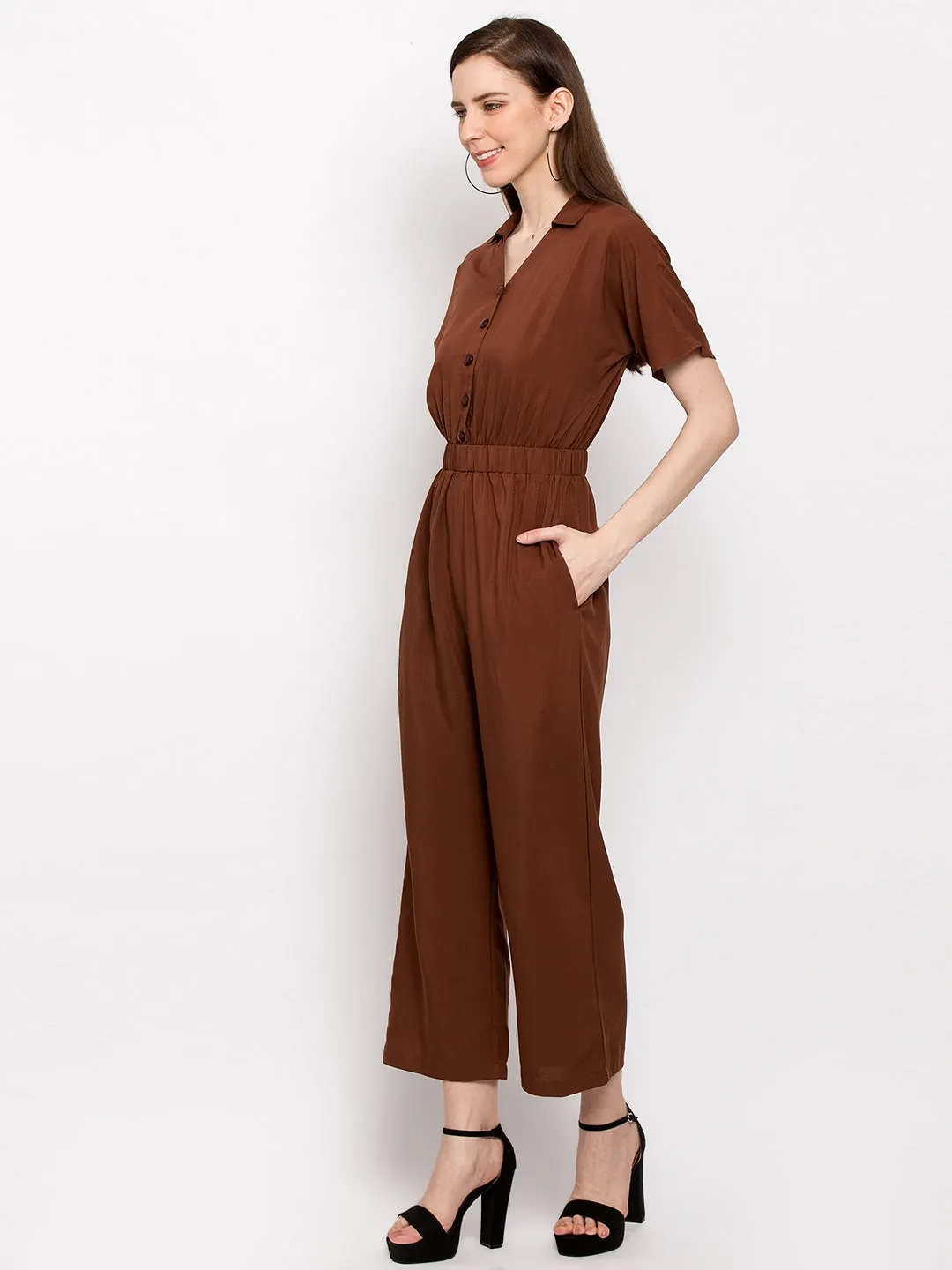 Women Brown Solid Basic Jumpsuit